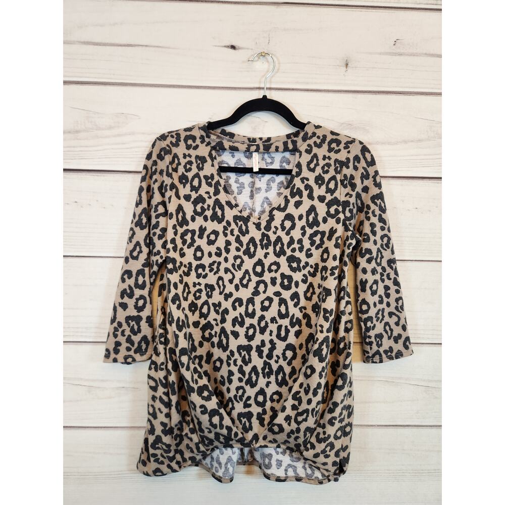 My Story Womens Black Beige Leopard Print 3/4 Sleeve Twist Front Blouse Sz Small